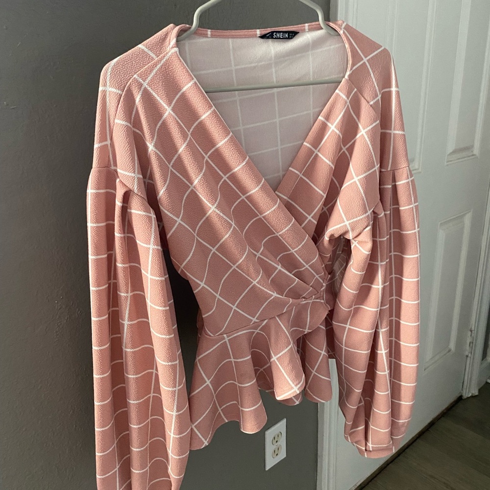 SHEIN Blush Checkered Wrap Blouse